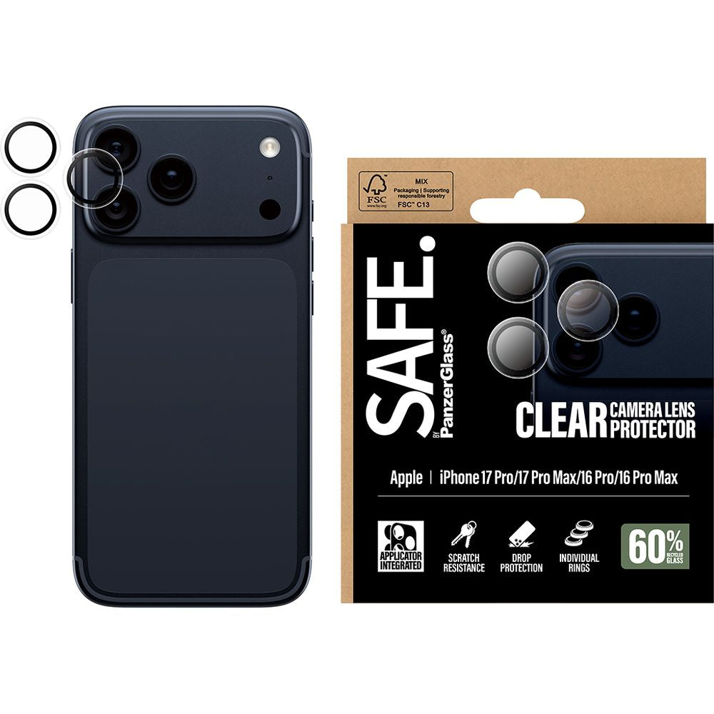Gehärtetes Glas mit Applikator für iPhone 17 Pro Max / 17 Pro / 16 Pro Max / 16 Pro, SAFE by PanzerGlass Camera Lens Protector, Transparent