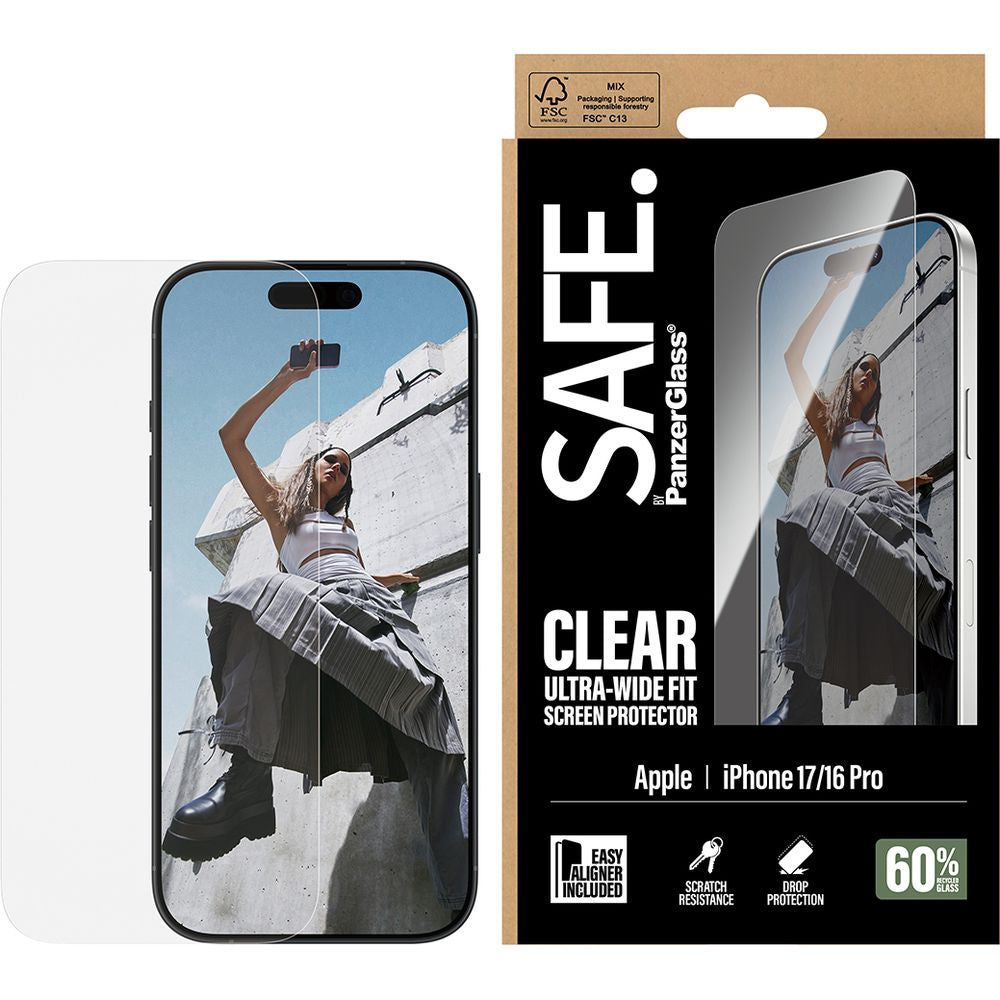 Gehärtetes Glas mit Applikator für iPhone 17 / 16 Pro, SAFE by PanzerGlass Ultra-Wide Fit Easy Aligner