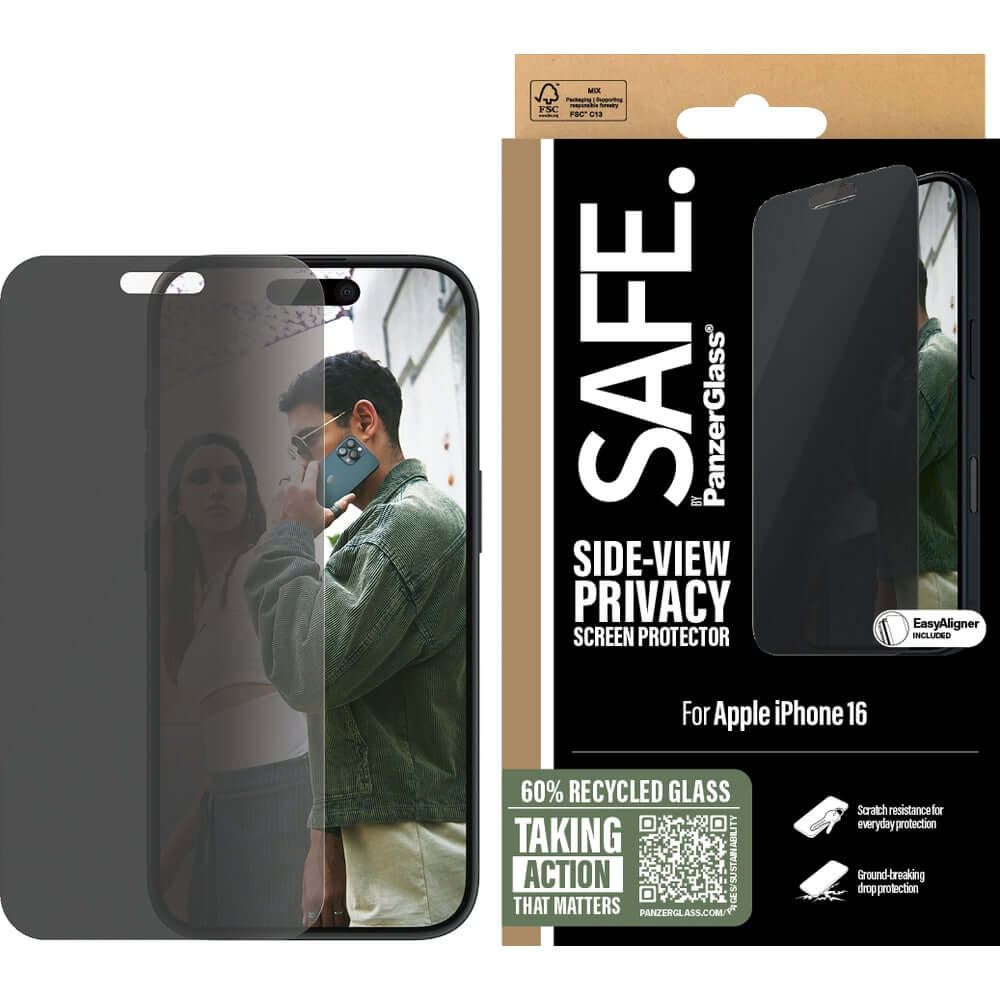 Sichtschutzglas mit Applikator für iPhone 16 / 15, Safe by PanzerGlass Ultra-Wide Fit Privacy + EasyAligner