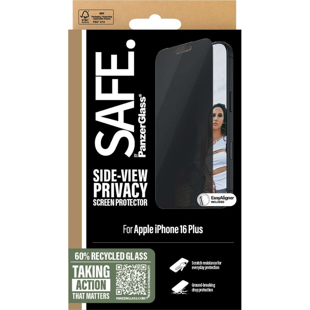 Sichtschutzglas mit Applikator für iPhone 16 Plus / 15 Plus, Safe by PanzerGlass Ultra-Wide Fit Privacy + EasyAligner