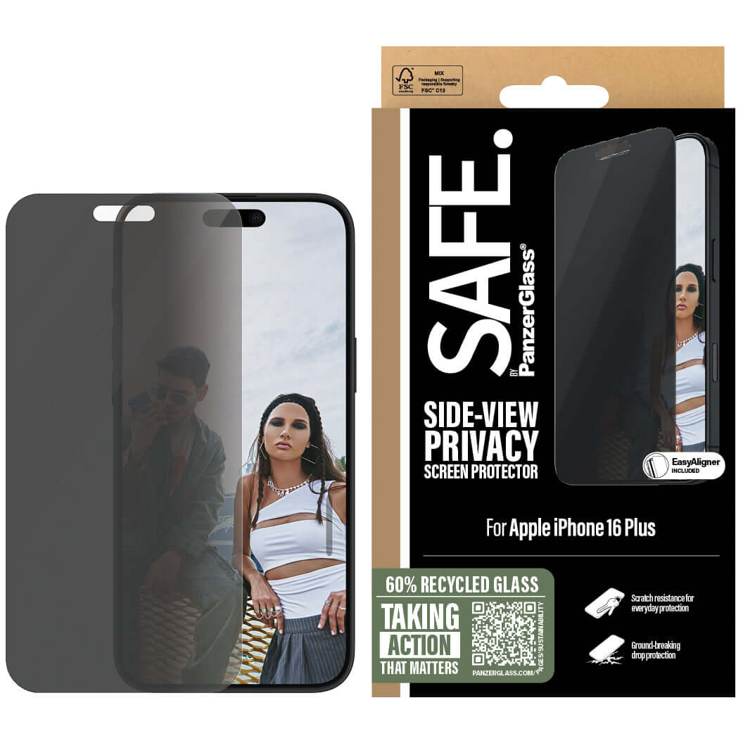 Sichtschutzglas mit Applikator für iPhone 16 Plus / 15 Plus, Safe by PanzerGlass Ultra-Wide Fit Privacy + EasyAligner