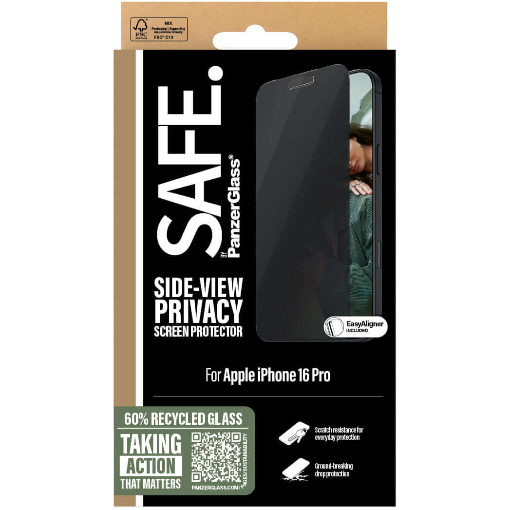 Sichtschutzglas mit Applikator für iPhone 16 Pro, Safe by PanzerGlass Ultra-Wide Fit Privacy + EasyAligner