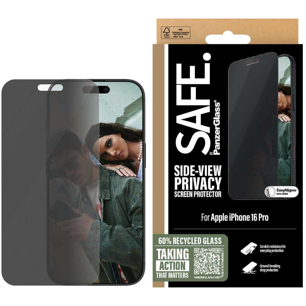 Sichtschutzglas mit Applikator für iPhone 16 Pro, Safe by PanzerGlass Ultra-Wide Fit Privacy + EasyAligner