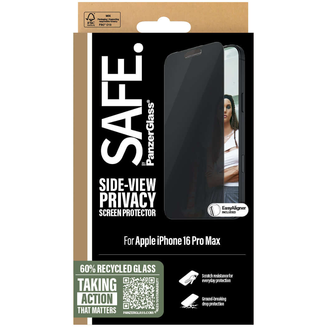 Sichtschutzglas mit Applikator für iPhone 16 Pro Max, Safe by PanzerGlass Ultra-Wide Fit Privacy + EasyAligner
