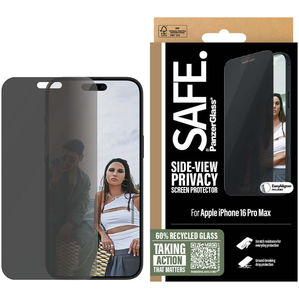Sichtschutzglas mit Applikator für iPhone 16 Pro Max, Safe by PanzerGlass Ultra-Wide Fit Privacy + EasyAligner