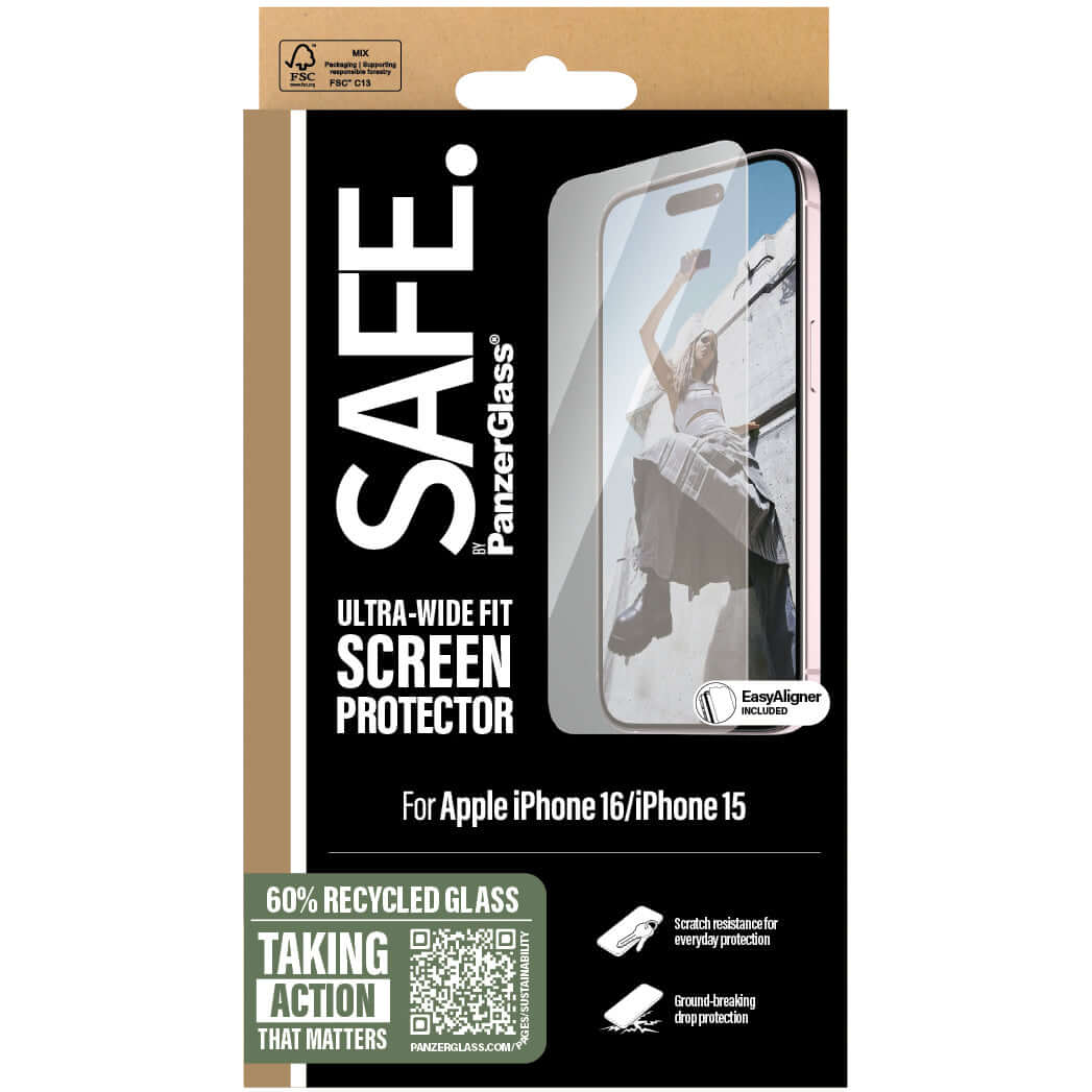 Gehärtetes Glas mit Applikator für iPhone 16 / 15, Safe by PanzerGlass Ultra-Wide Fit Easy Aligner