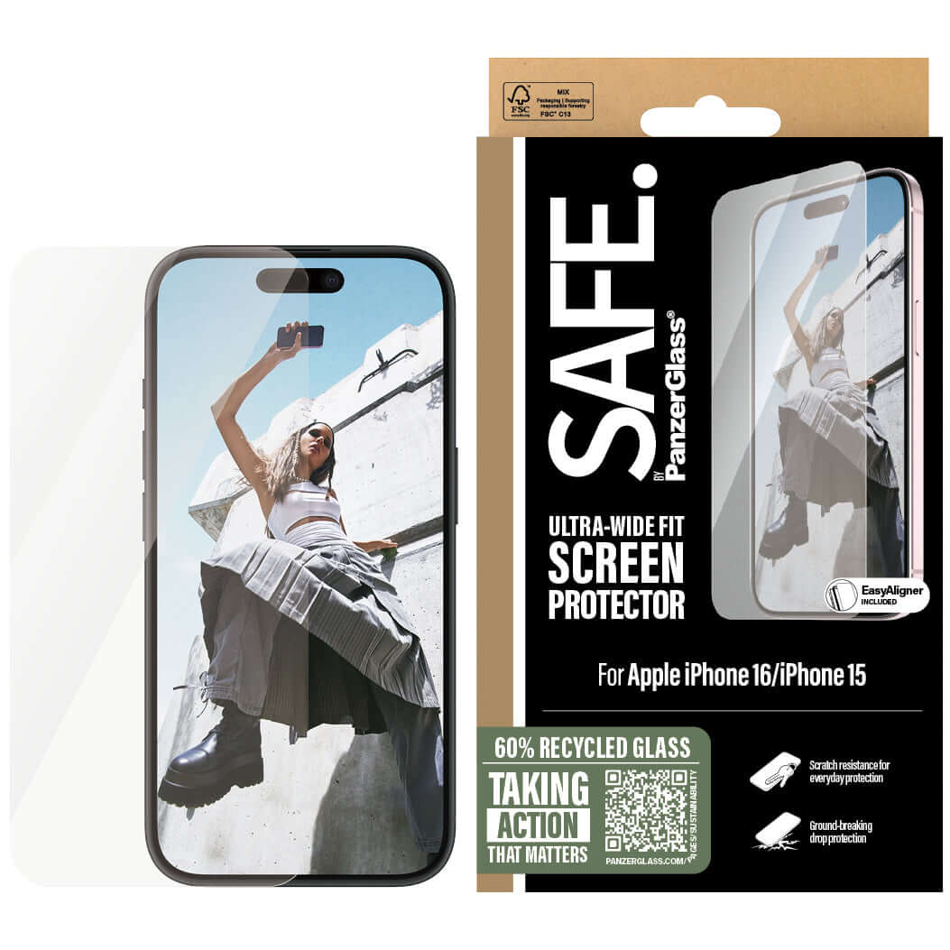 Gehärtetes Glas mit Applikator für iPhone 16 / 15, Safe by PanzerGlass Ultra-Wide Fit Easy Aligner