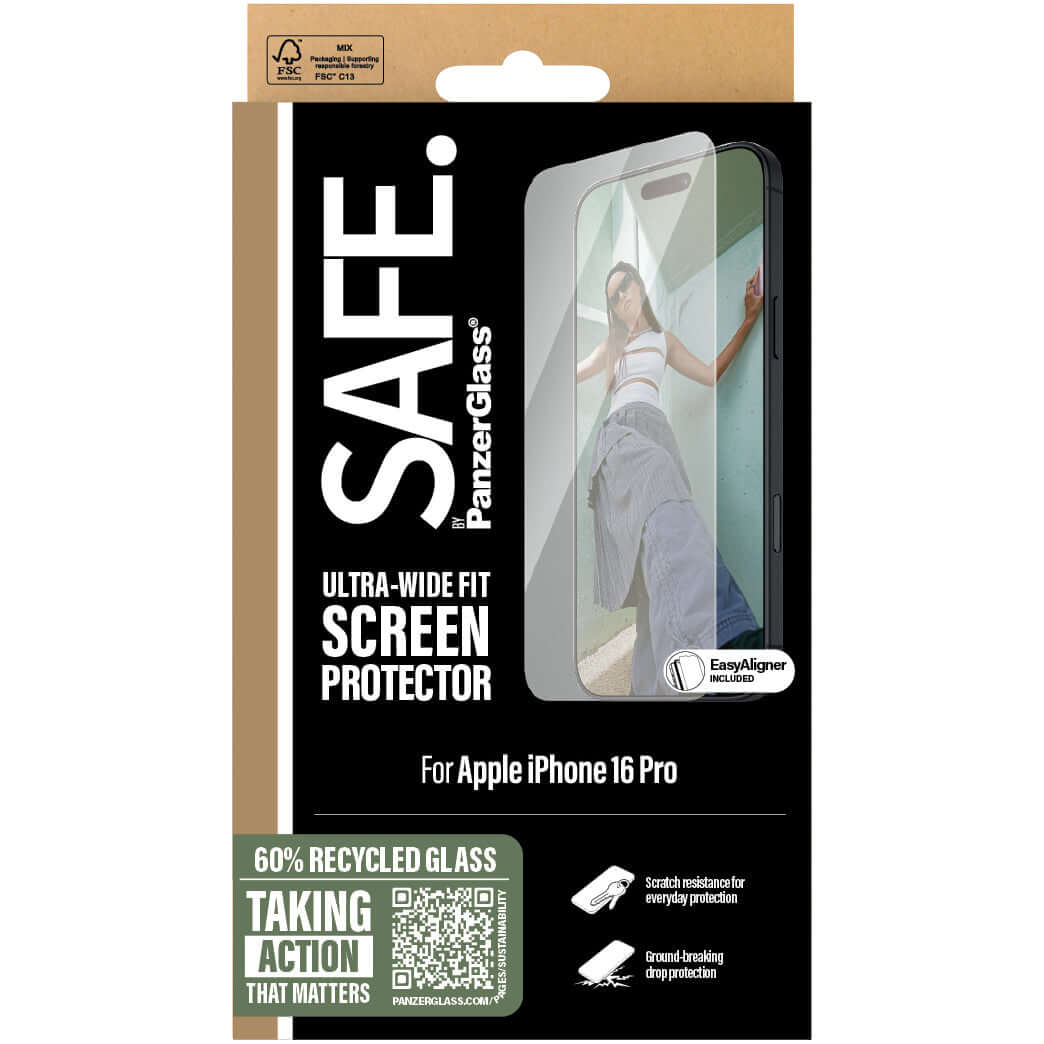 Gehärtetes Glas mit Applikator für iPhone 16 Pro, Safe by PanzerGlass Ultra-Wide Fit Easy Aligner