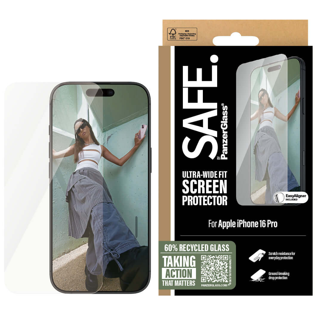 Gehärtetes Glas mit Applikator für iPhone 16 Pro, Safe by PanzerGlass Ultra-Wide Fit Easy Aligner