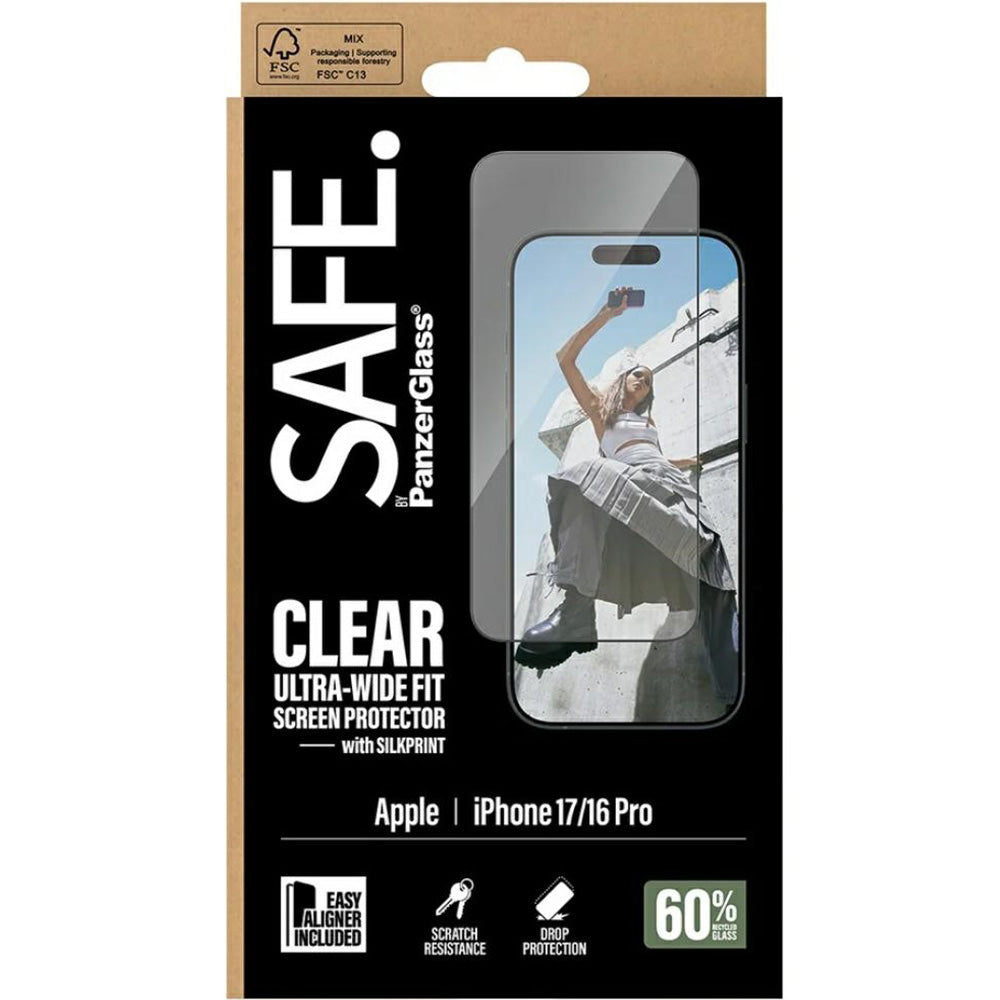 Gehärtetes Glas mit Applikator für iPhone 17 / 16 Pro, SAFE by PanzerGlass Ultra-Wide Fit Easy Aligner, Transparent mit Schwarzem Rahmen