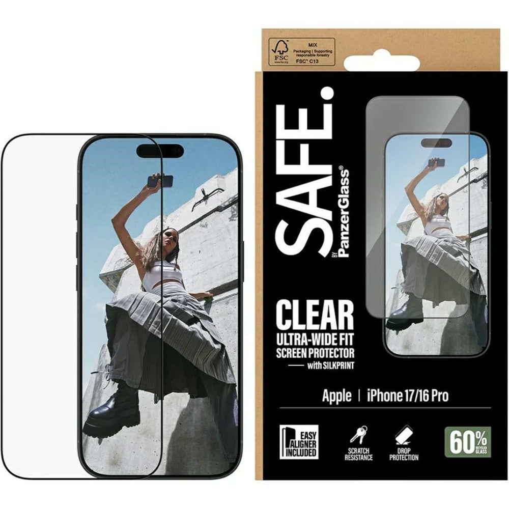 Gehärtetes Glas mit Applikator für iPhone 17 / 16 Pro, SAFE by PanzerGlass Ultra-Wide Fit Easy Aligner, Transparent mit Schwarzem Rahmen