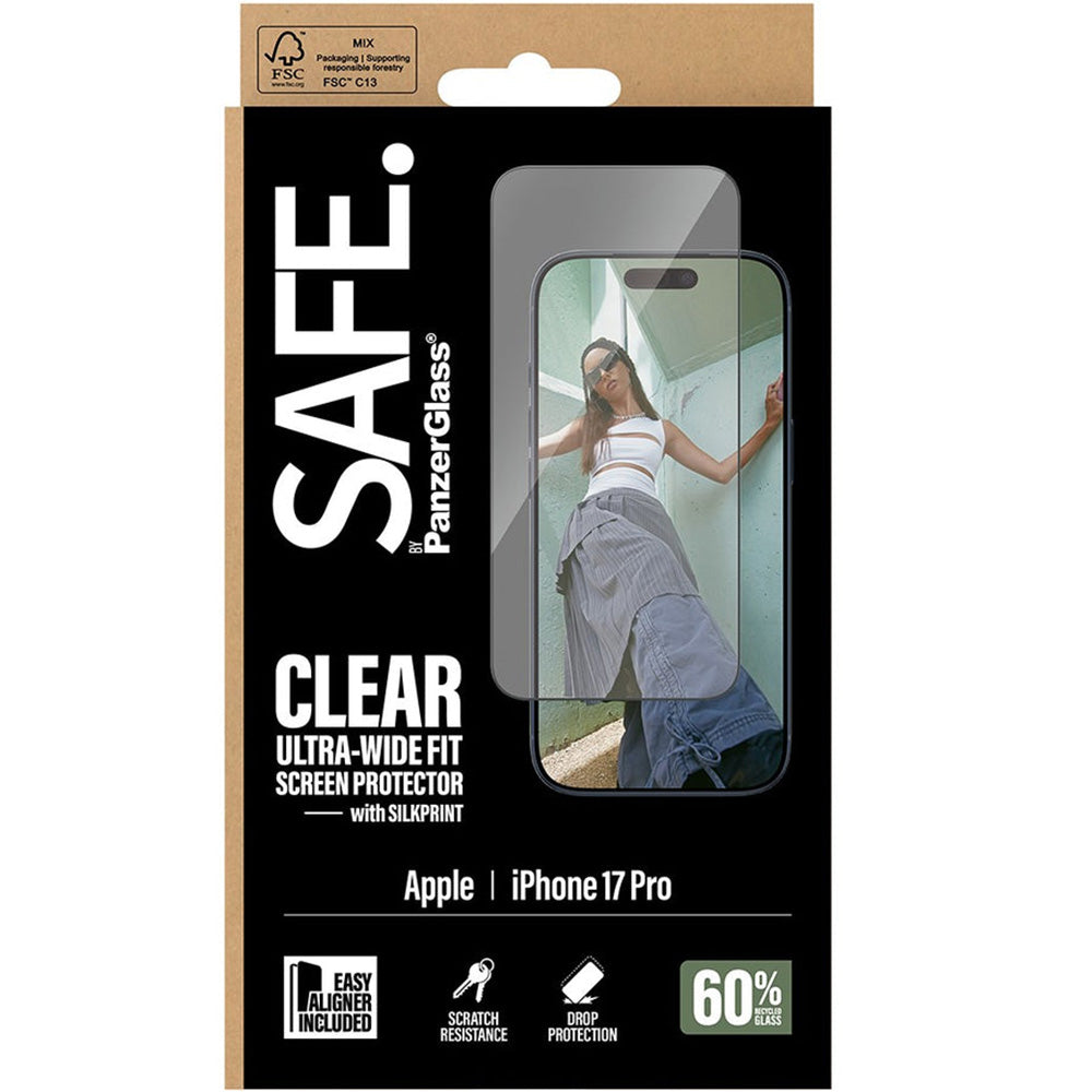 Gehärtetes Glas mit Applikator für iPhone 17 Pro, SAFE by PanzerGlass Ultra-Wide Fit Easy Aligner, Transparent mit Schwarzem Rahmen