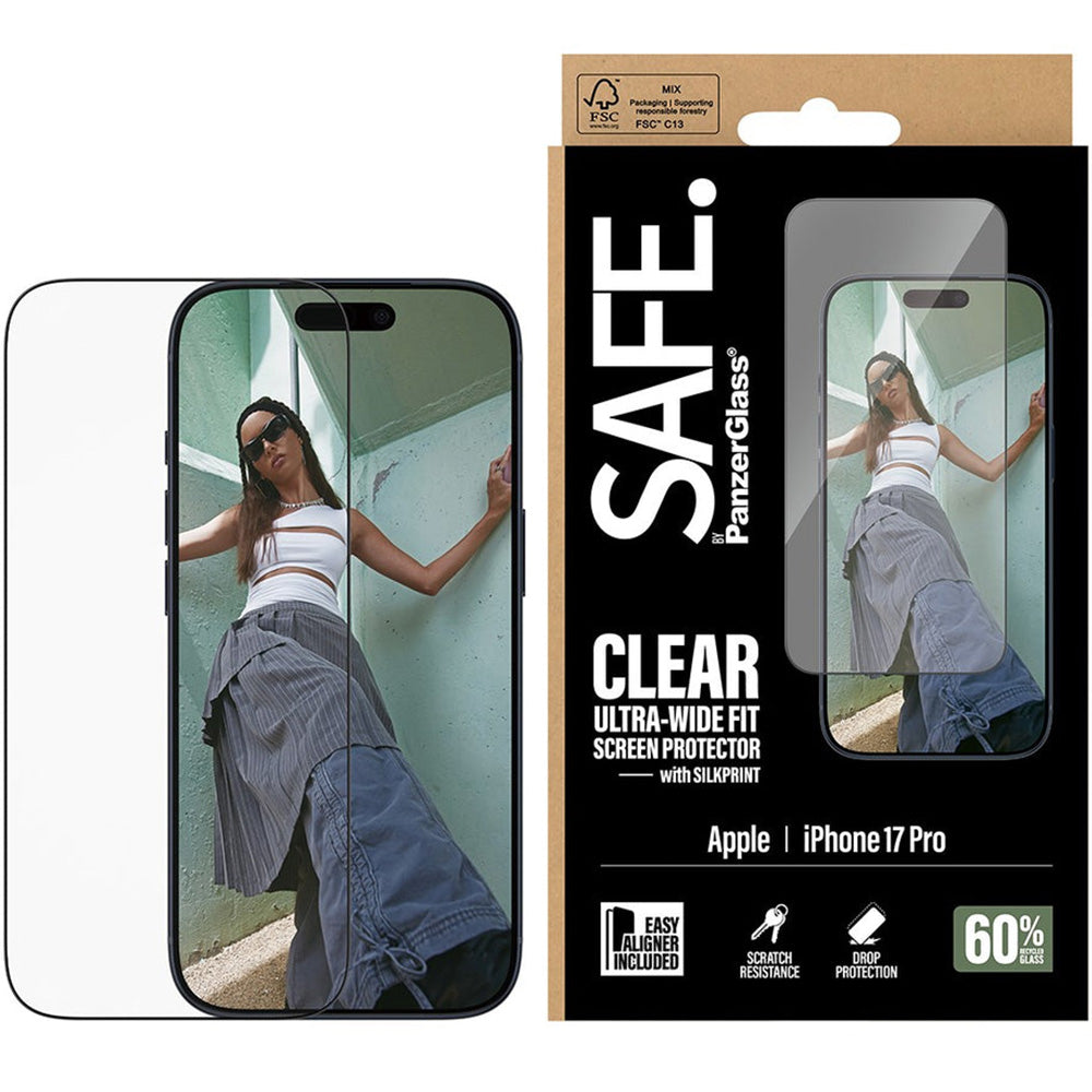 Gehärtetes Glas mit Applikator für iPhone 17 Pro, SAFE by PanzerGlass Ultra-Wide Fit Easy Aligner, Transparent mit Schwarzem Rahmen
