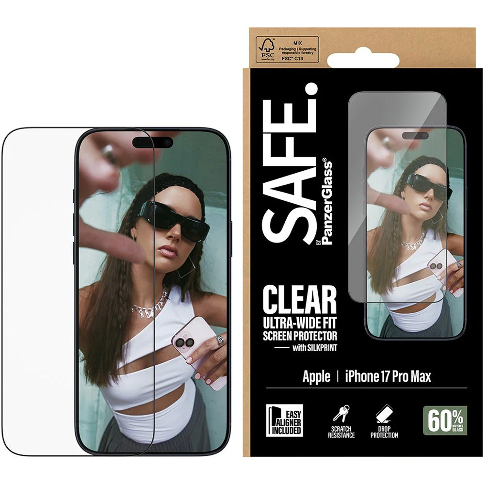 Gehärtetes Glas mit Applikator für iPhone 17 Pro Max, SAFE by PanzerGlass Ultra-Wide Fit Easy Aligner, Transparent mit Schwarzem Rahmen