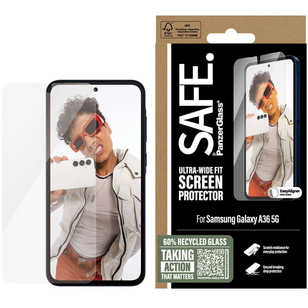 Gehärtetes Glas mit Applikator für Galaxy A36 5G, Safe by PanzerGlass Ultra-Wide Fit Easy Aligner