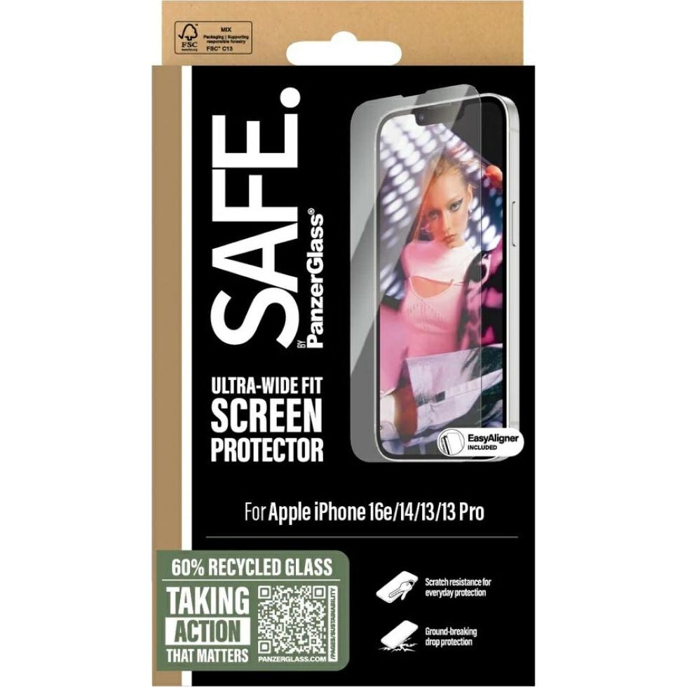 Gehärtetes Glas mit Applikator für iPhone 17e / 16e / 14 / 13 Pro / 13, Safe by PanzerGlass Ultra-Wide Fit Easy Aligner