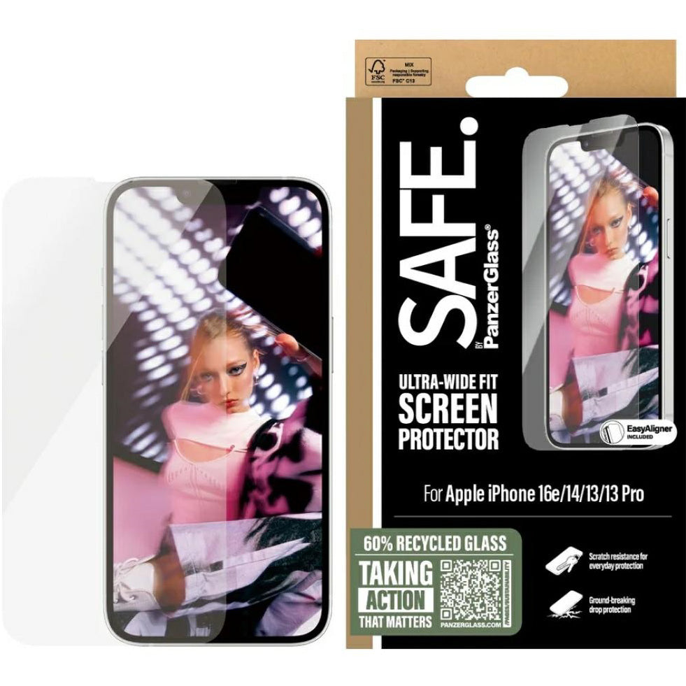Gehärtetes Glas mit Applikator für iPhone 17e / 16e / 14 / 13 Pro / 13, Safe by PanzerGlass Ultra-Wide Fit Easy Aligner