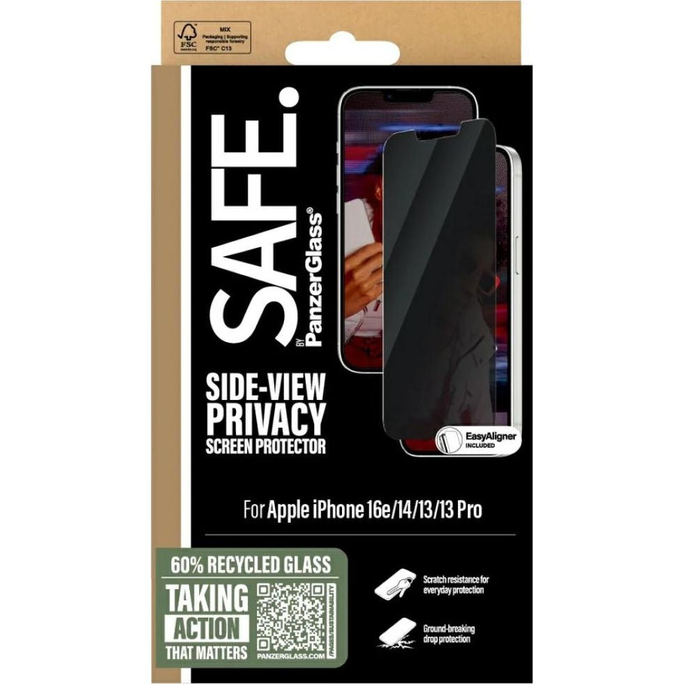 Sichtschutzglas mit Applikator für iPhone 17e / 16e / 14 / 13 Pro / 13, Safe by PanzerGlass Ultra-Wide Fit Privacy + EasyAligner
