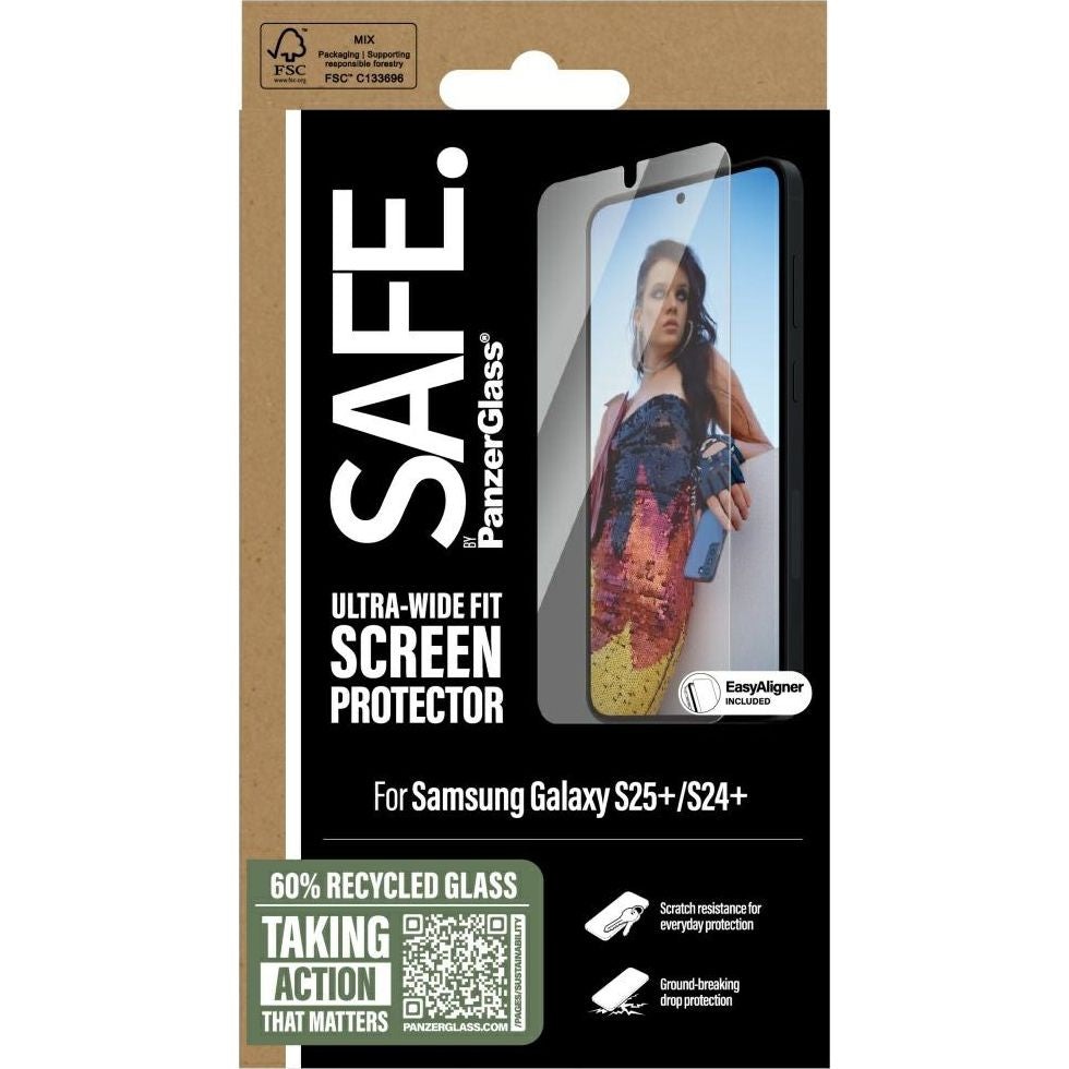 Verpackung des Safe by PanzerGlass Ultra-Wide Fit Displayschutzes für Samsung Galaxy S25+ / S24+ mit Easy Aligner.