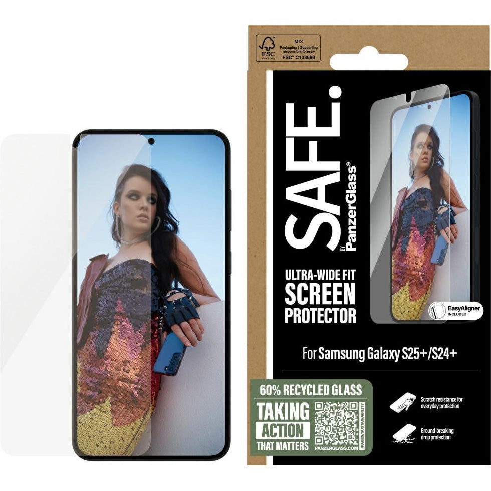 Gehärtetes Glas Safe by PanzerGlass für Galaxy S25/S24 Plus mit Easy Aligner Verpackung und Smartphone-Beispielbild