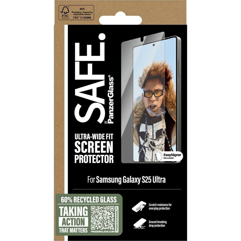 Gehärtetes PanzerGlass Screen Protector für Samsung Galaxy S25 Ultra, Ultra-Wide Fit, Verpackung in Braun mit Abbildung.