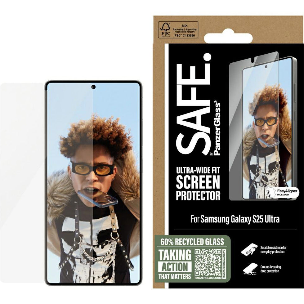 Gehärtetes PanzerGlass mit Easy Aligner für Samsung Galaxy S25 Ultra, Schutzfolie Verpackung mit Bild von Schutzglas und Handy-Display.
