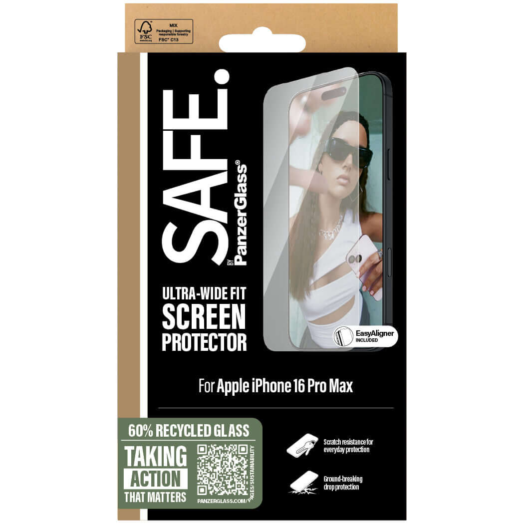 Gehärtetes Glas mit Applikator für iPhone 16 Pro Max, Safe by PanzerGlass Ultra-Wide Fit Easy Aligner