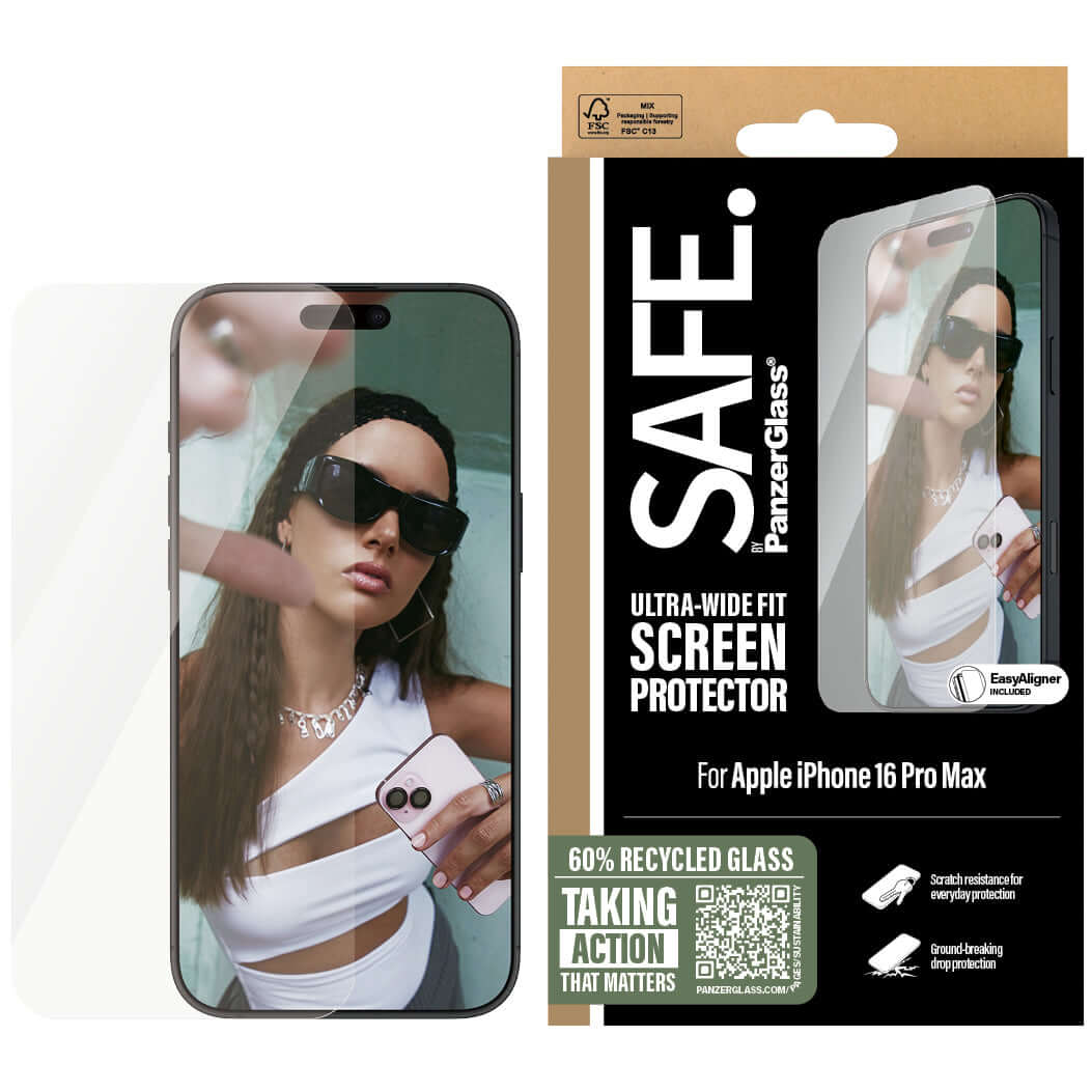 Gehärtetes Glas mit Applikator für iPhone 16 Pro Max, Safe by PanzerGlass Ultra-Wide Fit Easy Aligner