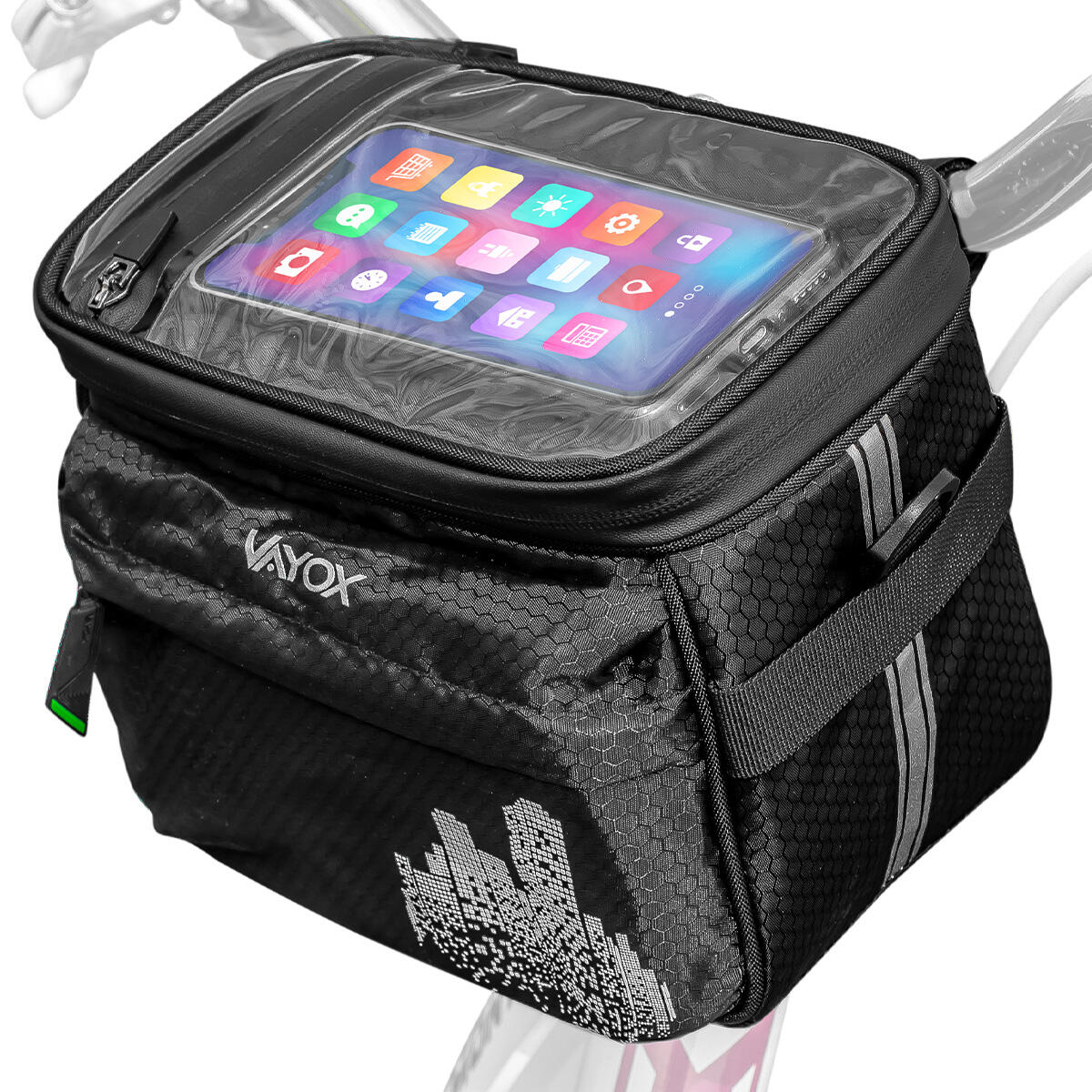 Fahrradtasche mit Isolierung für Lenker, Vayox VA0167, 4,6L, schwarz, mit Klarsichtfach für Geräte und reflektierenden Streifen.