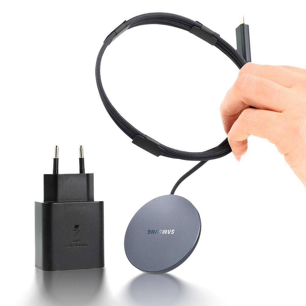 Induktionsladegerät mit Qi2.2 25W + Netzladegerät 45W, Samsung Magnet Wireless Charger, für MagSafe / MPP, USB-C Nylonkabel, Schwarz