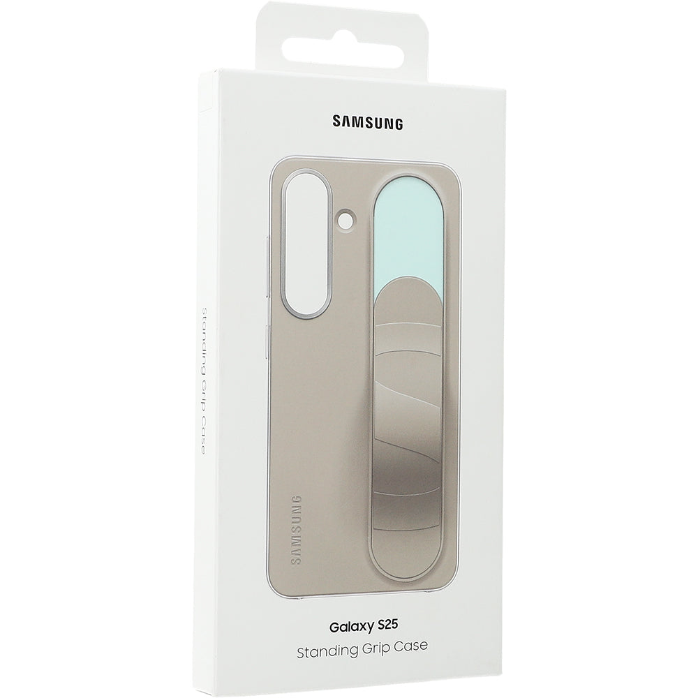 Galaxy S25 Samsung Silicone Standing Grip Case in Grau, original Silikon-Handyhülle mit Riemen für sicheren Halt, elegant und strapazierfähig.