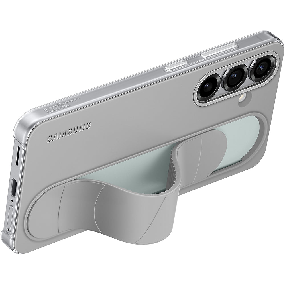 Graues Samsung Silicone Standing Grip Case für Galaxy S25 mit integriertem Griff, aus weichem Silikon, Rückansicht mit Kameraausschnitt.