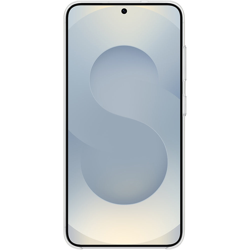 Samsung Galaxy S25 mit minimalistischem Displaydesign, Vorderansicht in hellem Hintergrund.