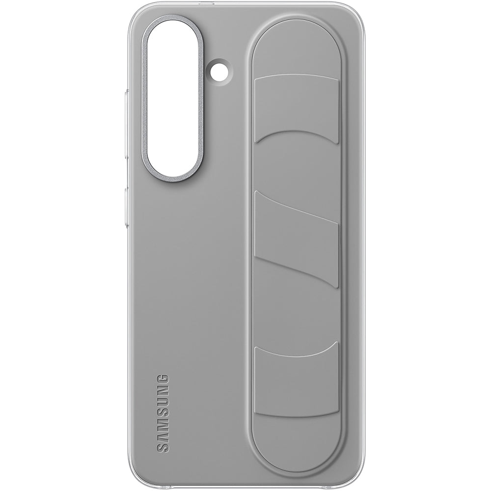 Samsung Galaxy S25 Silikon Hülle, graue Standing Grip Case, strapazierfähige Handyhülle mit integriertem Riemen.