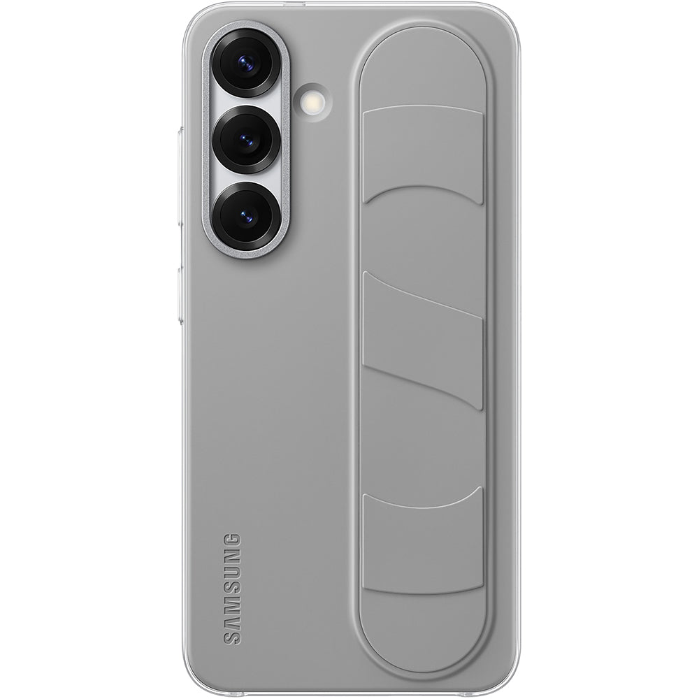 Graue Samsung Galaxy S25 Silikonhülle mit Standing Grip, Original Samsung Design, langlebig mit integriertem Riemen für sicheren Halt.