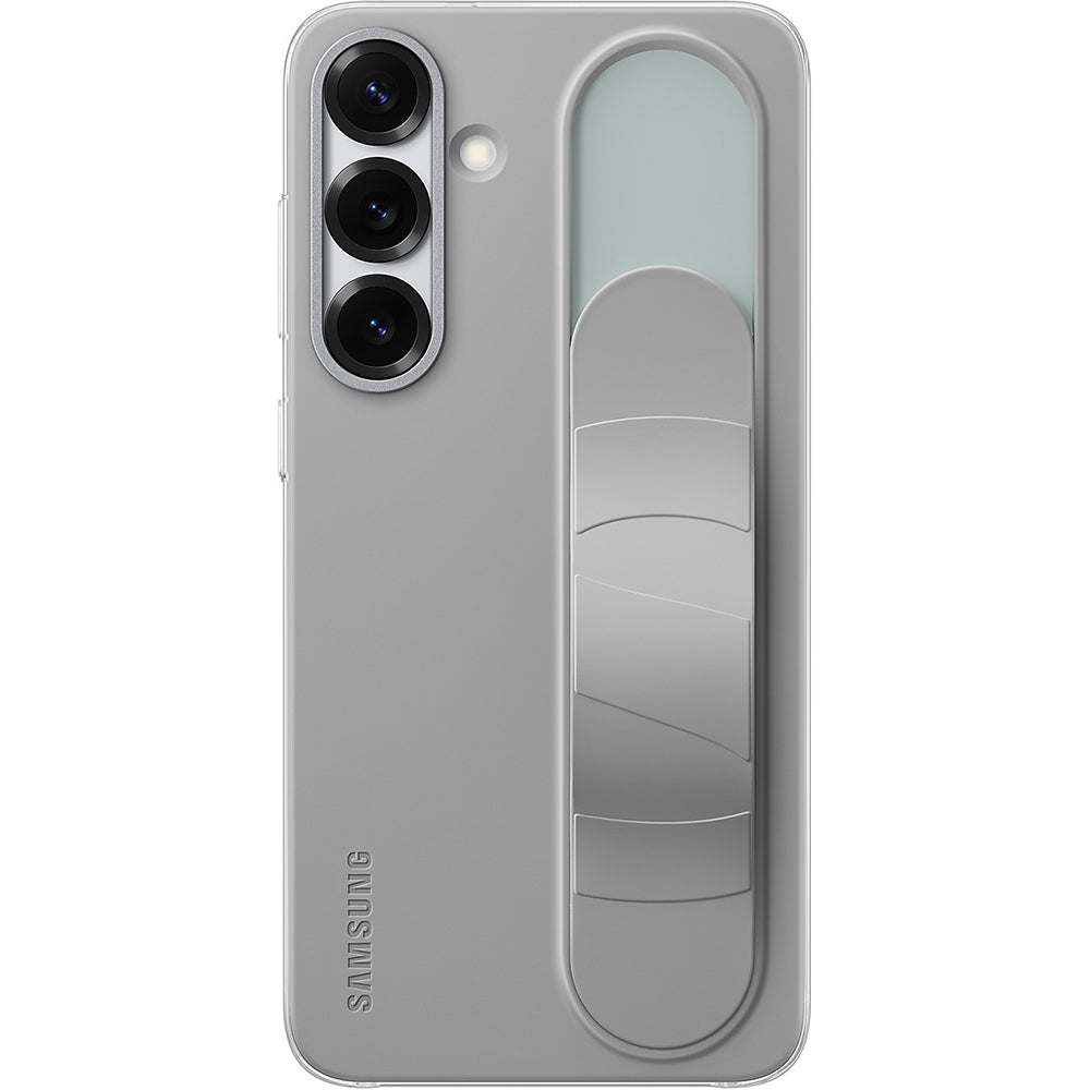 Samsung Silicone Standing Grip Case für Galaxy S25 Plus in Grau, weiches Silikon mit integriertem Riemen für sicheren Halt.
