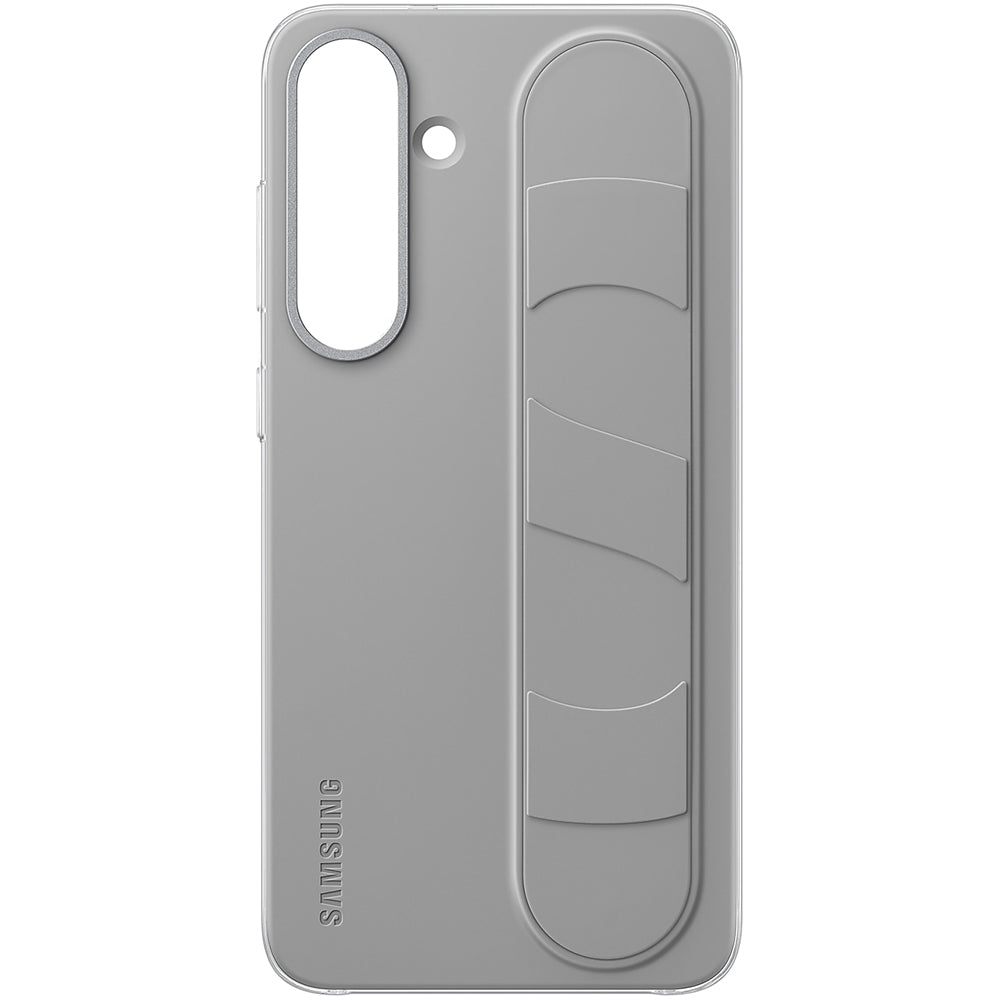 Grau Samsung Silicone Standing Grip Case für Galaxy S25 Plus, strapazierfähige Silikonhülle mit austauschbarem Riemen, stilvolles Design.
