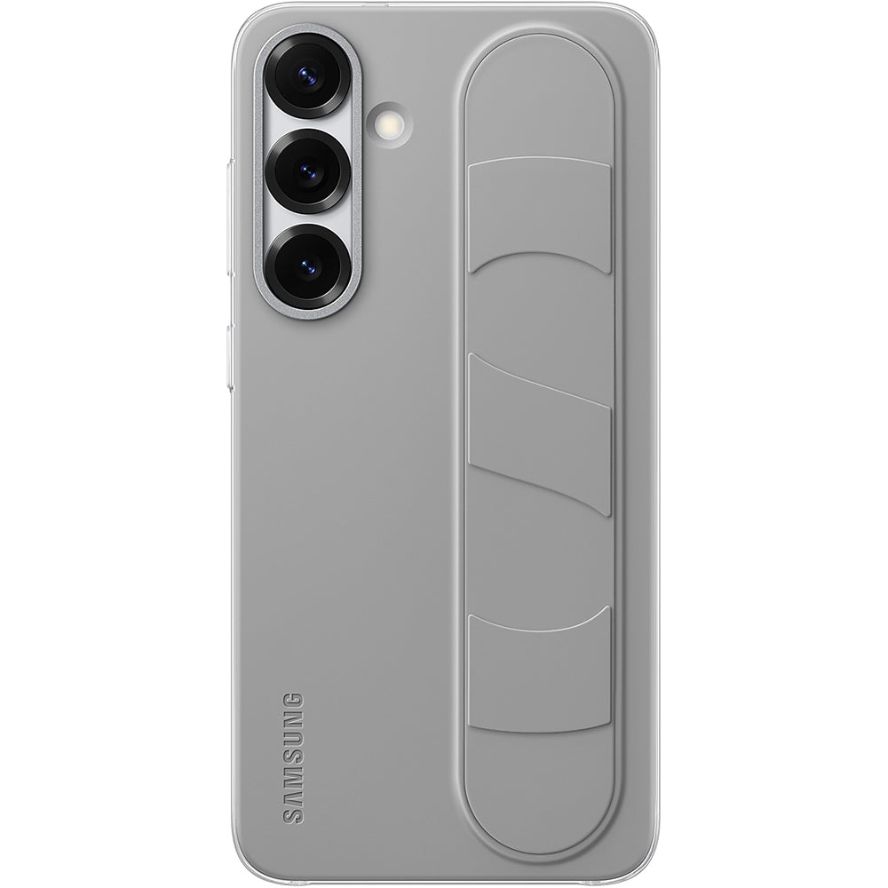 Graue Samsung Galaxy S25 Plus Hülle mit Silikon Standing Grip für sicheren Halt, elegantes Design und austauschbaren Riemen.