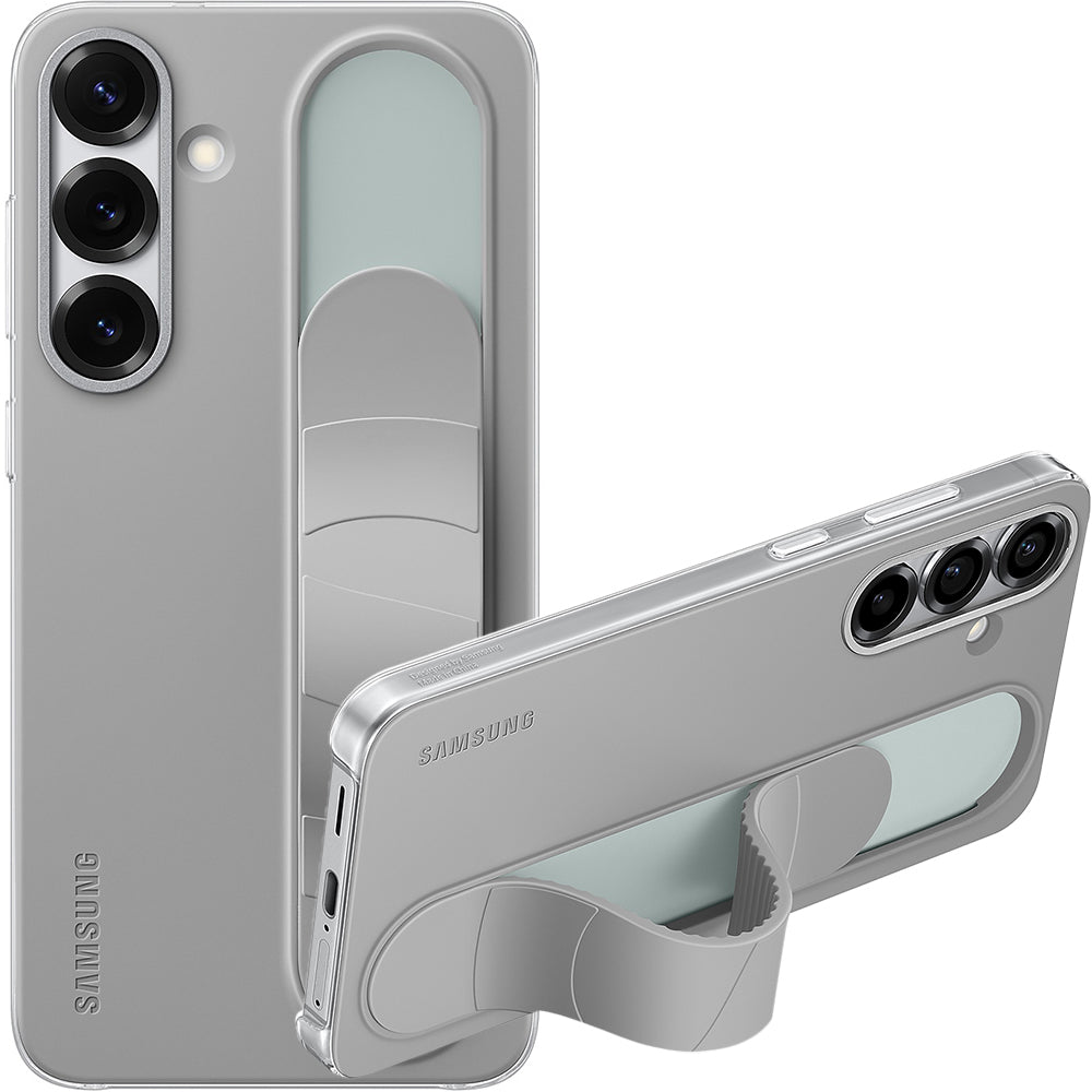 Samsung Galaxy S25 Plus Handyhülle, graues Silikon Standing Grip Case mit Riemen für sicheren Halt.