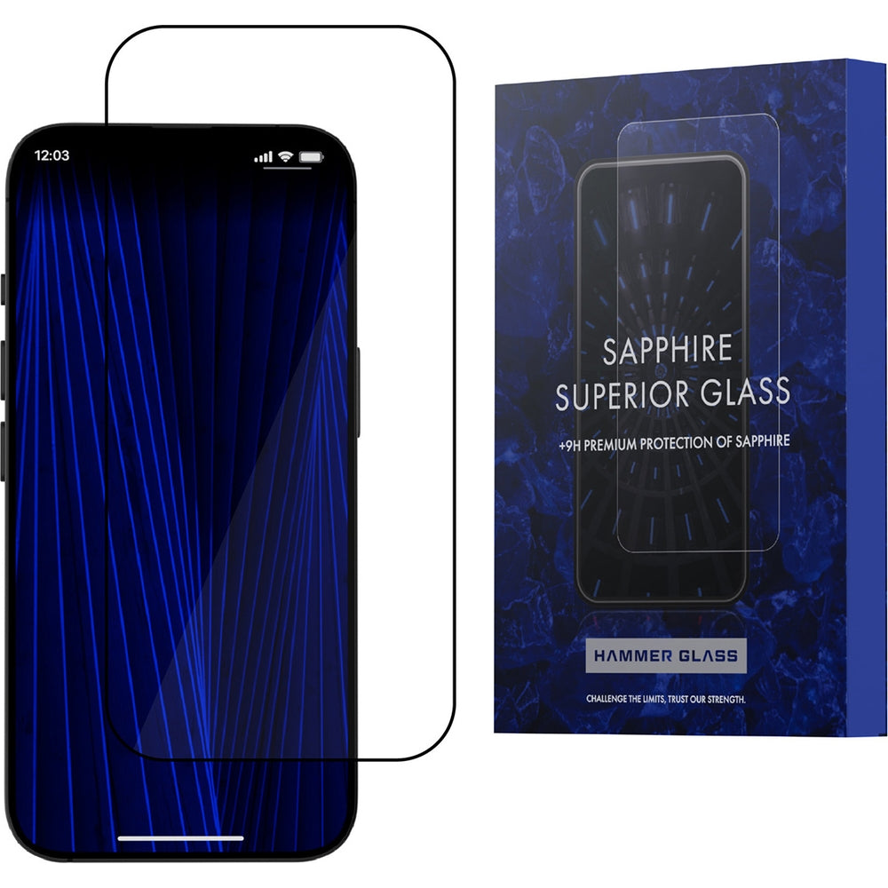 Saphirglas für iPhone 15 Pro Max, Hammer Glass Sapphire Superior, Schwarzer Rahmen