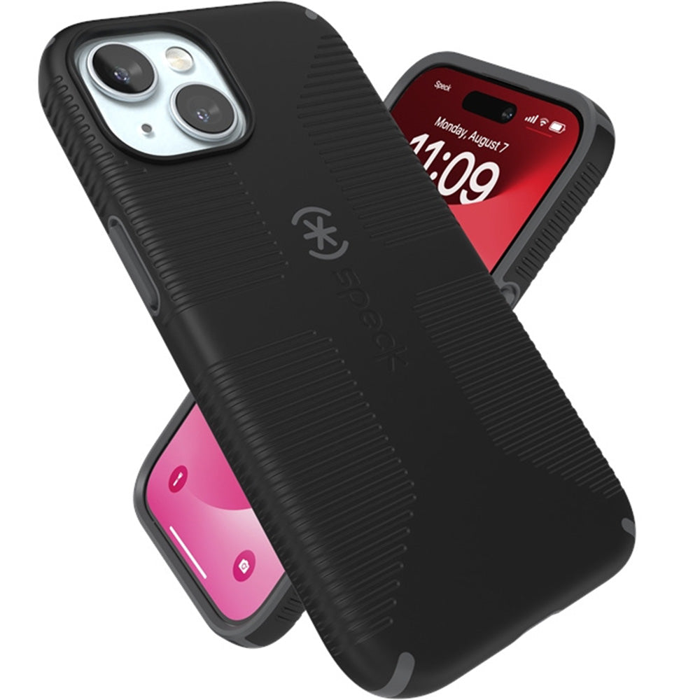 Handyhülle für iPhone 17e / 16e / 15 / 14 / 13, Speck Candyshell Grip mit MagSafe, Schwarz-Grau