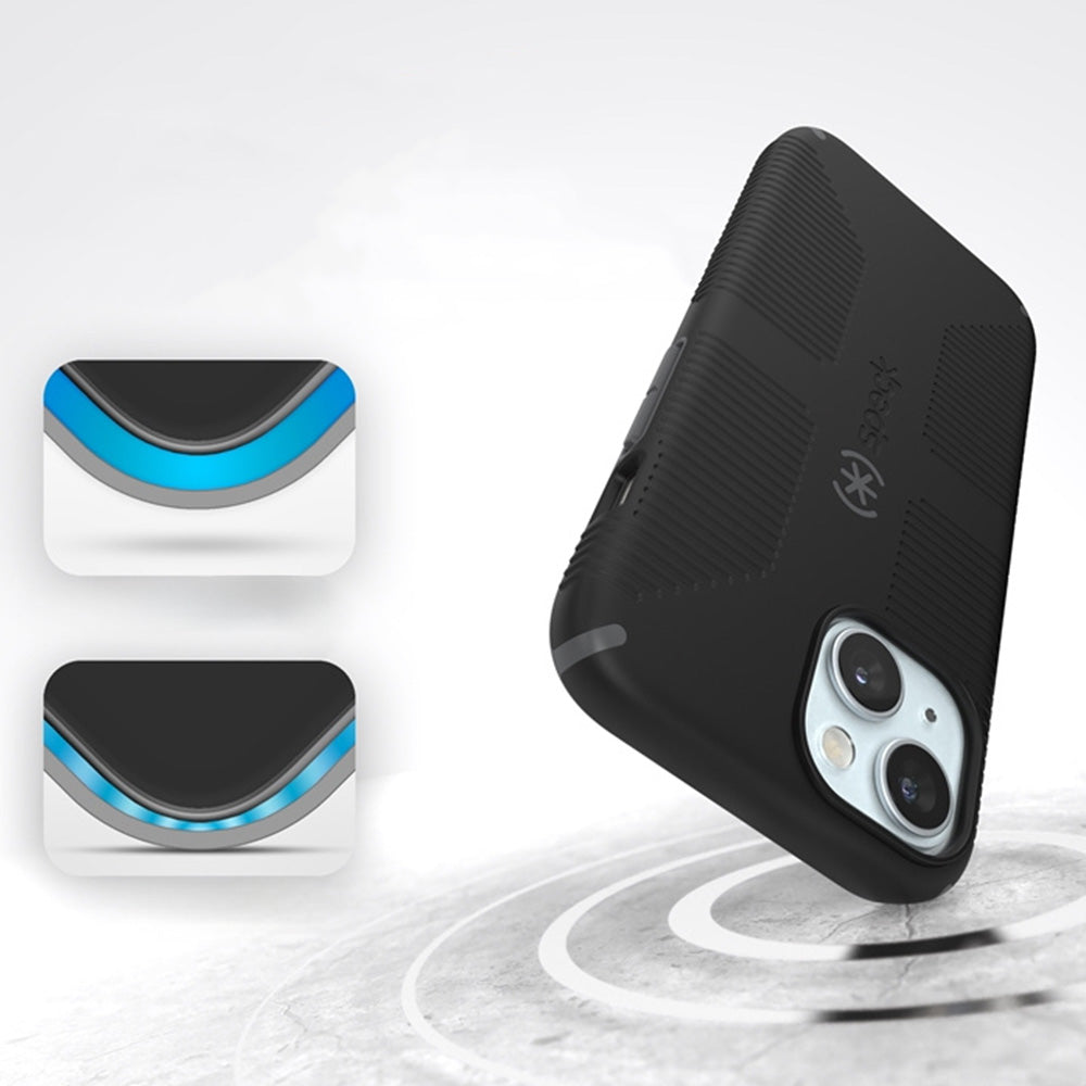 Handyhülle für iPhone 17e / 16e / 15 / 14 / 13, Speck Candyshell Grip mit MagSafe, Schwarz-Grau