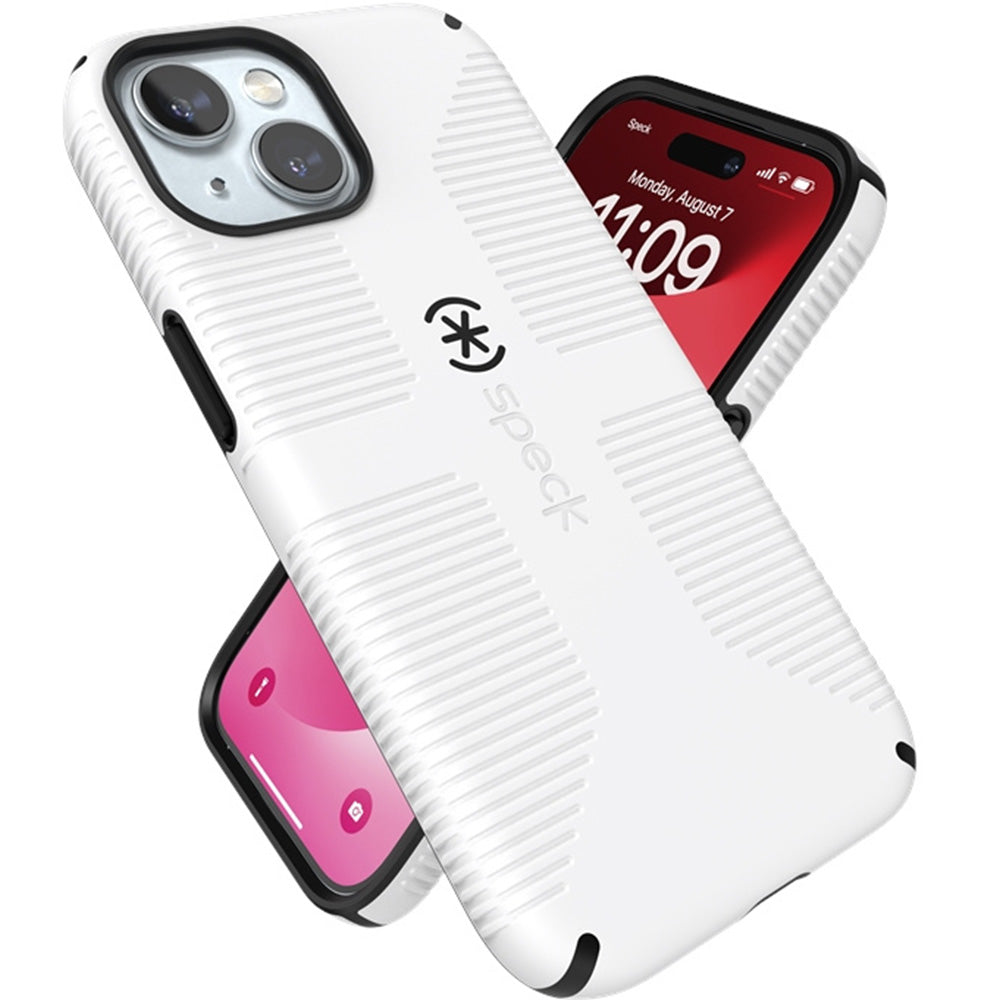 Handyhülle für iPhone 17e / 16e / 15 / 14 / 13, Speck Candyshell Grip mit MagSafe, Weiß-Schwarz