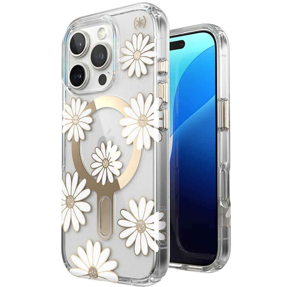 Handyhülle für iPhone 16 Pro, Speck Presidio Lux ClickLock & MagSafe, Transparent mit weißen und goldenen Elementen