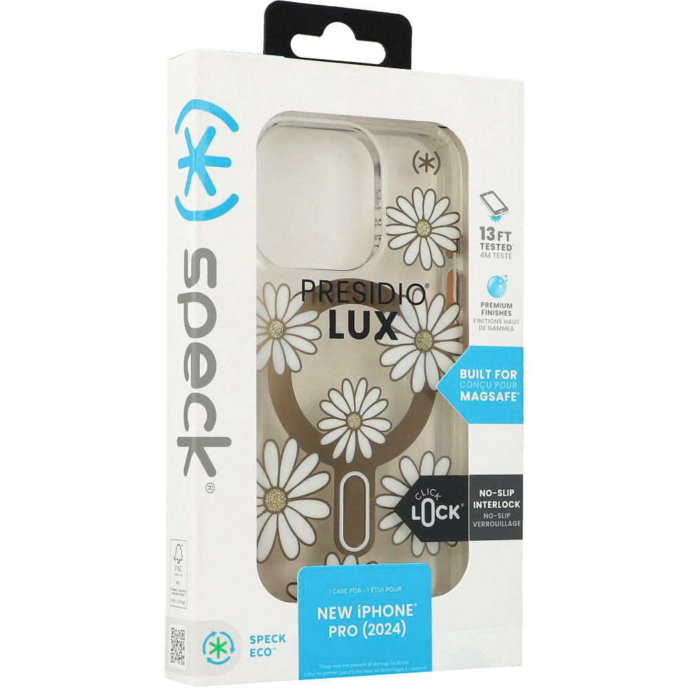 Handyhülle für iPhone 16 Pro, Speck Presidio Lux ClickLock & MagSafe, Transparent mit weißen und goldenen Elementen