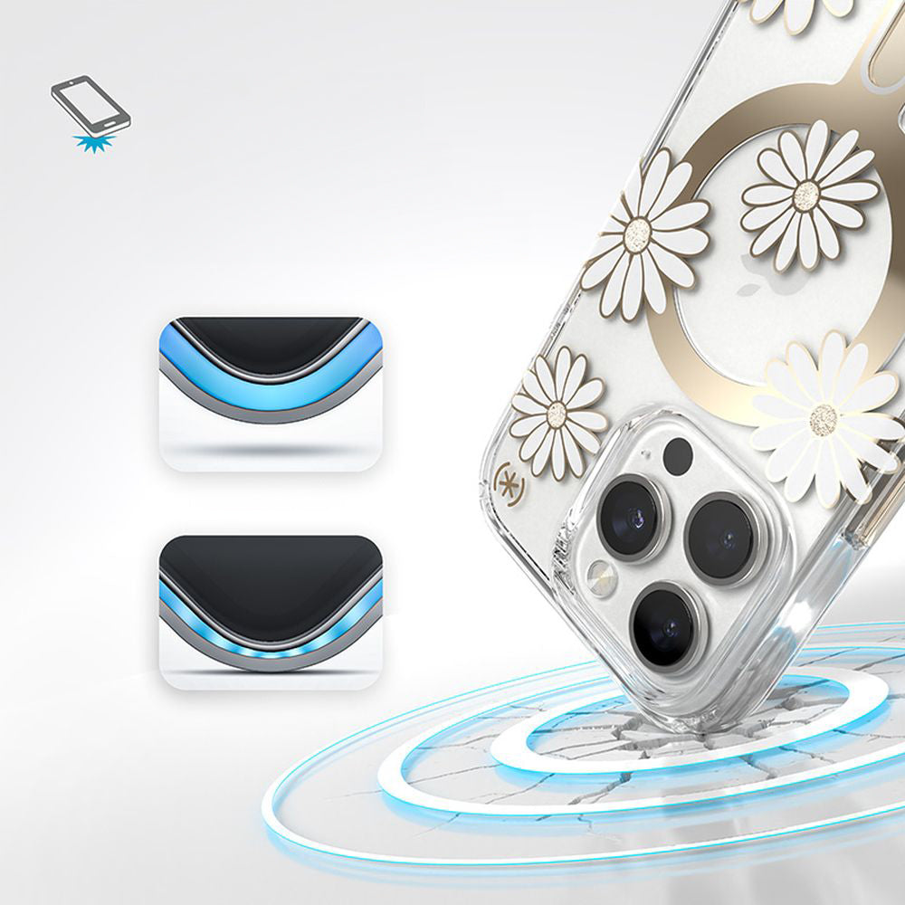 Handyhülle für iPhone 16 Pro, Speck Presidio Lux ClickLock & MagSafe, Transparent mit weißen und goldenen Elementen
