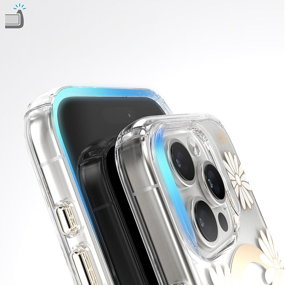 Handyhülle für iPhone 16 Pro, Speck Presidio Lux ClickLock & MagSafe, Transparent mit weißen und goldenen Elementen