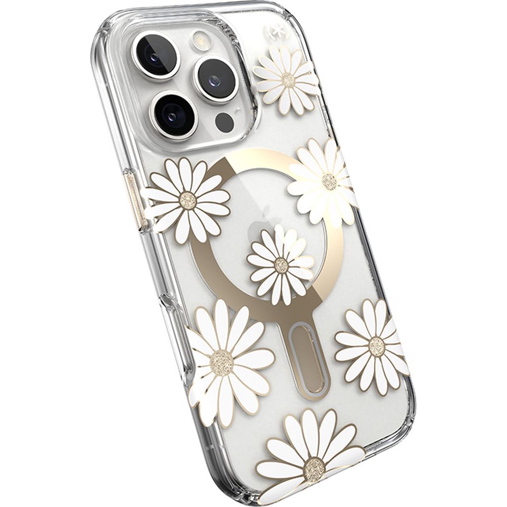 Handyhülle für iPhone 16 Pro, Speck Presidio Lux ClickLock & MagSafe, Transparent mit weißen und goldenen Elementen