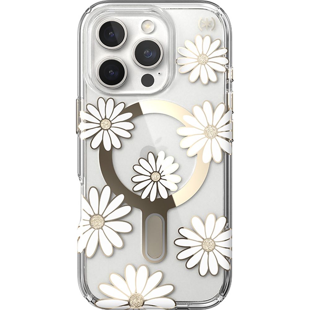 Handyhülle für iPhone 16 Pro, Speck Presidio Lux ClickLock & MagSafe, Transparent mit weißen und goldenen Elementen