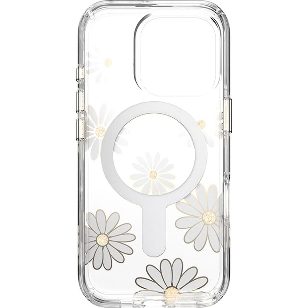 Handyhülle für iPhone 16 Pro, Speck Presidio Lux ClickLock & MagSafe, Transparent mit weißen und goldenen Elementen